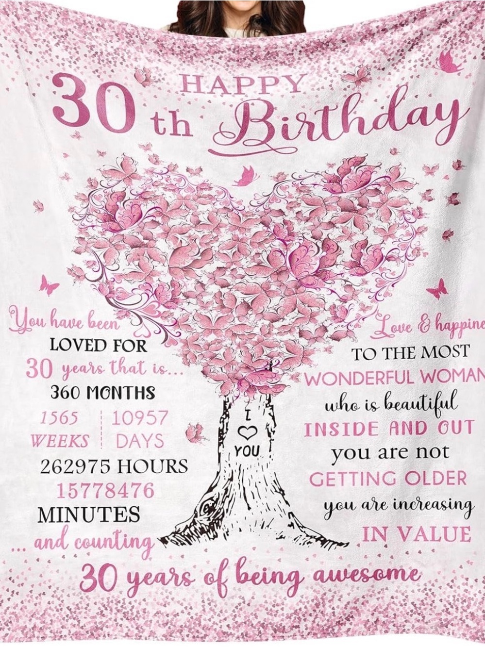 30th Birthday Pink Heart Tree Blanket - Women Bath & Body Gift
